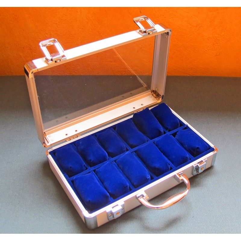 Malette Ecrin Coffret en aluminium pour 12 montres velours bleu 