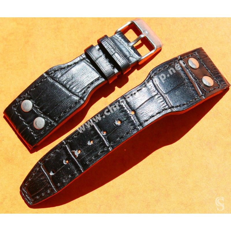 Rare Authentique Bracelet Rivet Militaire 24mm Cuir Crocodile noir MONTRES AVIATEURS BIG PILOT