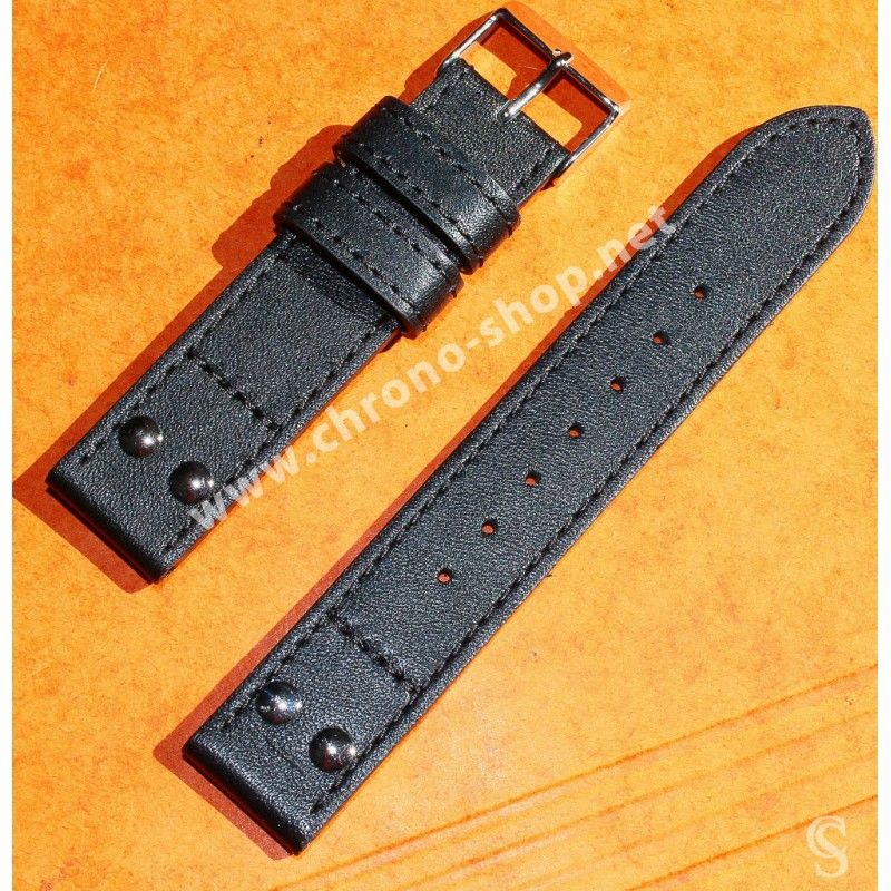 Bracelet simili cuir couleur noir 20mm avec rivets Montres type aviateurs, pilotes