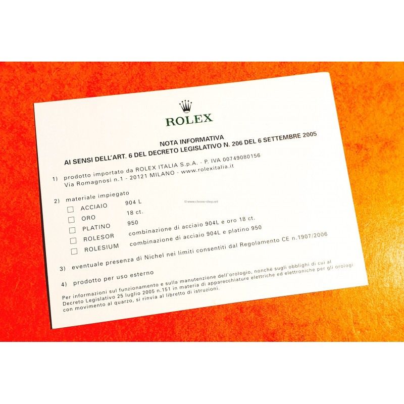 Rolex informative note guide document paper italian Material Steel, Gold, Rolesor, Rolesium