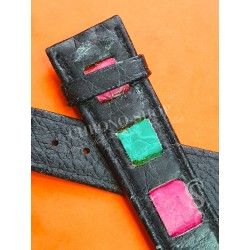 BRACELET EXOTIQUE 19mm MONTRES ANCIEN CUIR NOIR ET COULEURS AVEC BOUCLE