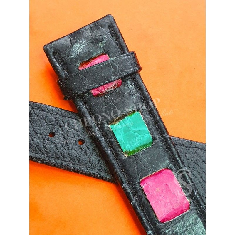 BRACELET EXOTIQUE 19mm MONTRES ANCIEN CUIR NOIR ET COULEURS AVEC BOUCLE