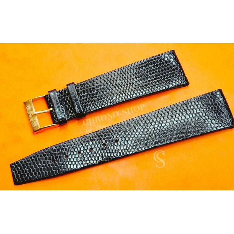 WATCH ELDOR GENEVE BRACELET LIZARD SKIN STRAP 22mm BLACK COLOR SIGNED SWISS MADE WITH GOLD FILLED BUCKLE