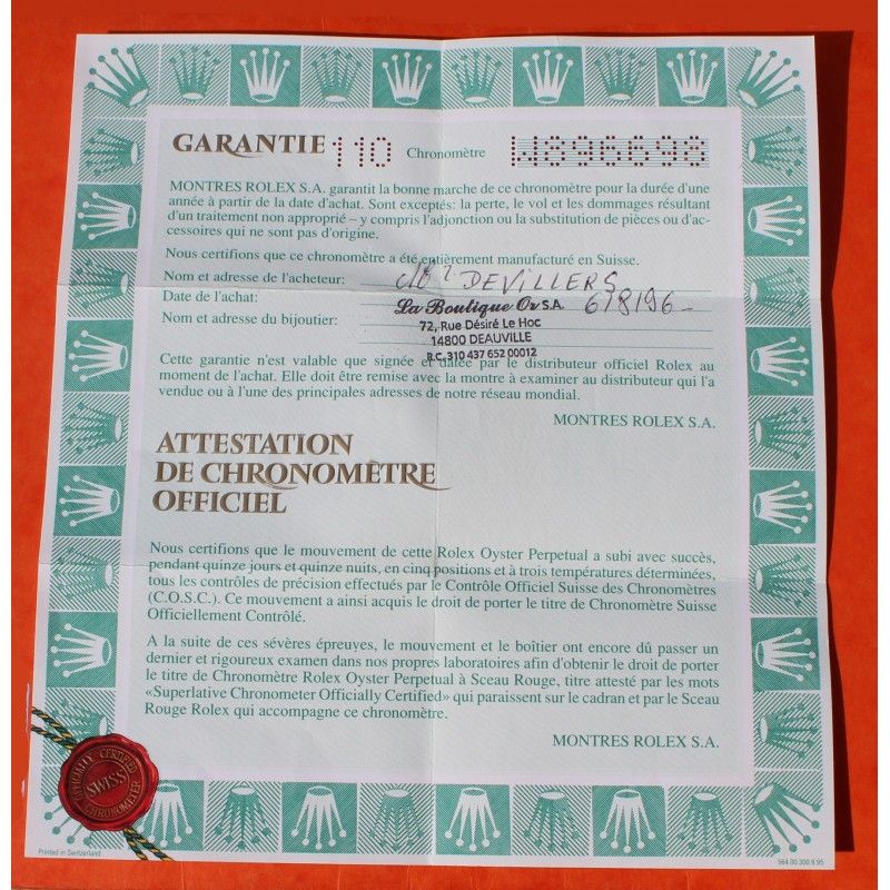 1994 AUTHENTIC VINTAGE PAPER CERTIFICAT PUNCHED FOR ROLEX SUBMARINER DATE 16613 TUTONE 