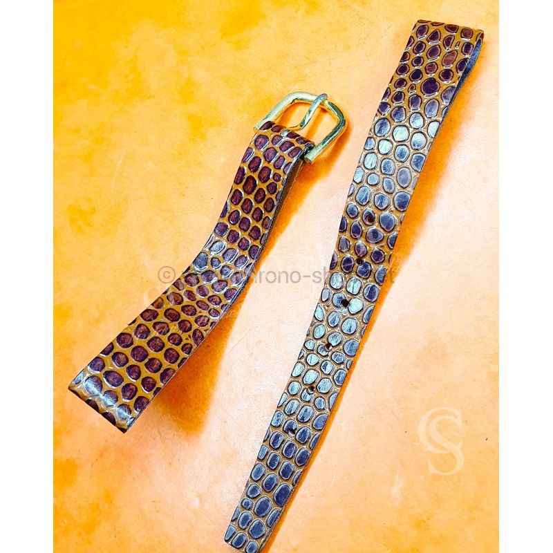 Plastic 70's retro Brown tobacco colors Lizard 12mm New Old Stock watch leather Strap gold filled Buckle
