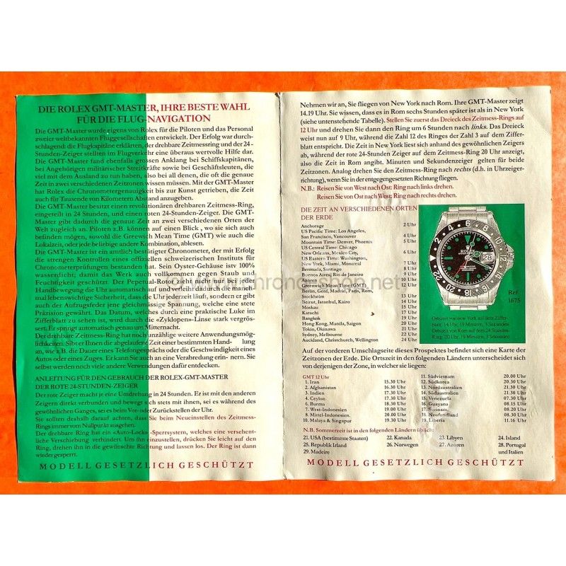 Rolex Rare vintage 60's Livret Document allemand Notice Montres anciennes ROLEX GMT MASTER 1675, Cornino, Pointed Crown