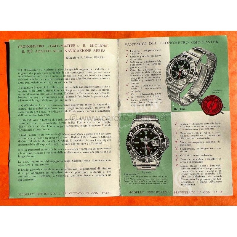 ROLEX 1961 GMT MASTER 1675, 1675 pcg, cornino COLLECTIBLE VINTAGE ANTIQUE ITALIAN BROCHURE BOOKLET LIBRETTO OLD GMT