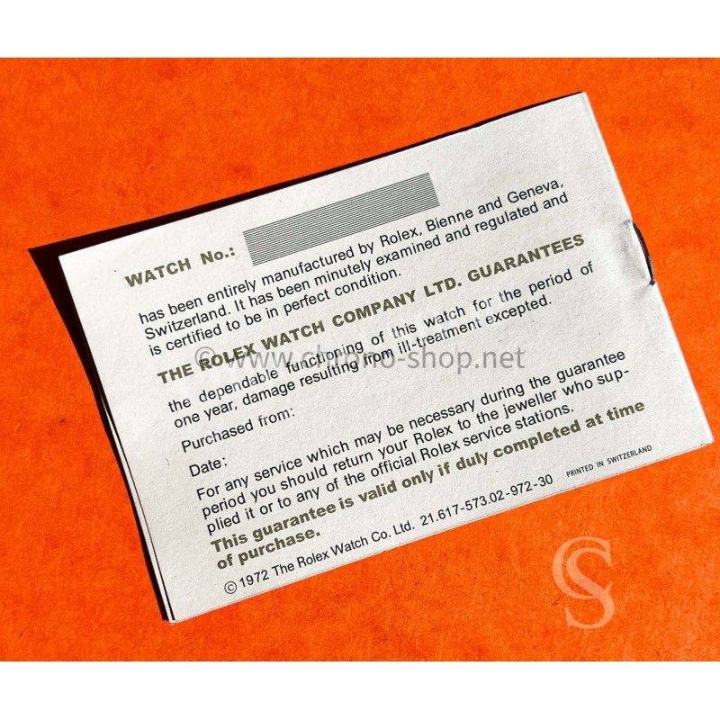 Rolex Blank 1972 Warranty Paper guarantee booklet ref 21.617-573.02-972-30 Submariner 1680,5513,5512 Daytona 6263,6262,6239