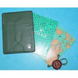 1995, 1996 PORTEFEUILLE / PORTE CARTES ROLEX CUIR VERT VINTAGE + CALENDRIER + LIVRET TRANSLATION + TAG CIRE 