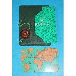 1995, 1996 PORTEFEUILLE / PORTE CARTES ROLEX CUIR VERT VINTAGE + CALENDRIER + LIVRET TRANSLATION + TAG CIRE 