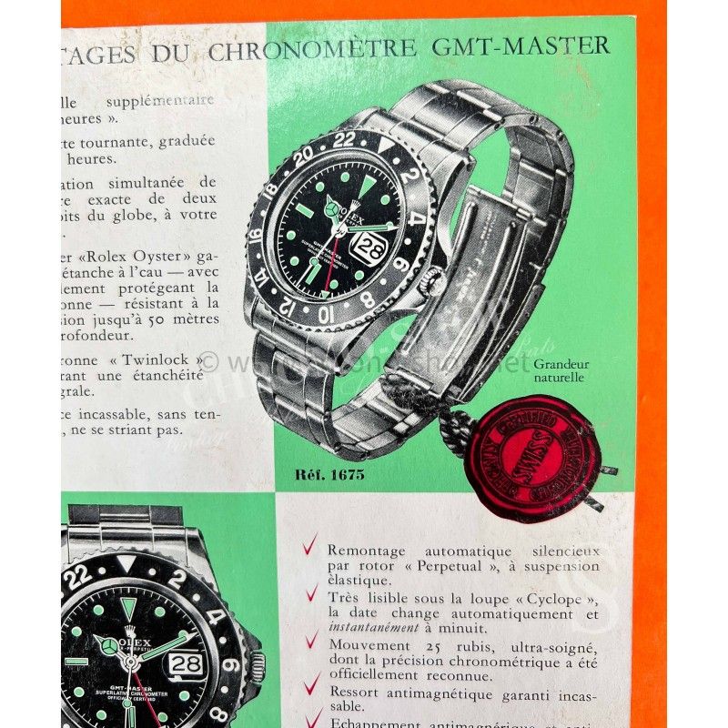 Rolex Rare vintage 1961 Livret Document Français Notice Montres anciennes ROLEX GMT MASTER REF 1675,Cornino,Pointed Crown