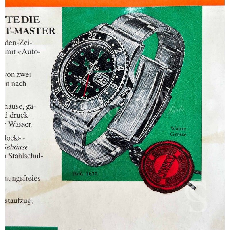 Rolex Rare vintage 60's Livret Document allemand Notice Montres anciennes ROLEX GMT MASTER 1675, Cornino, Pointed Crown