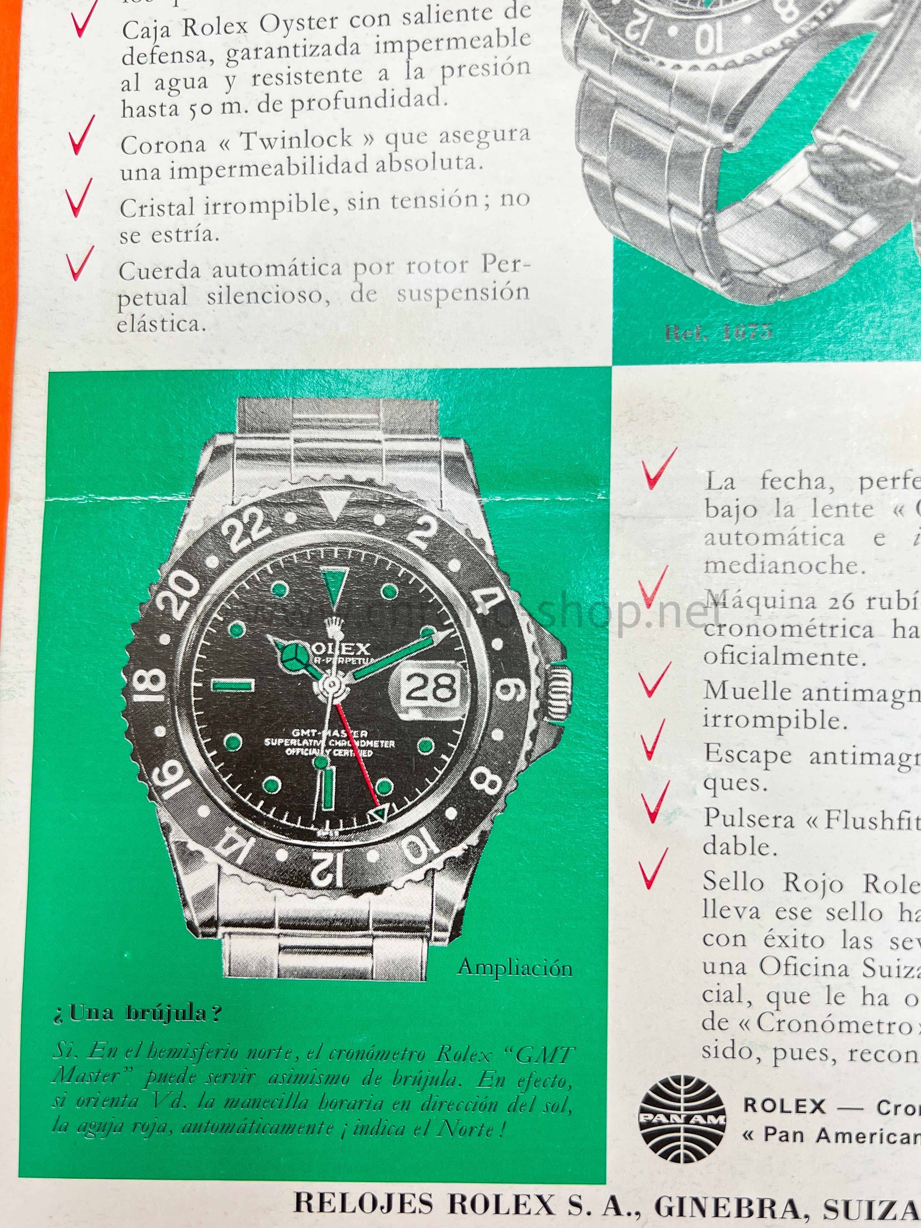 Rolex Rare vintage 1967 Livret Document espagnol Notice Montres anciennes ROLEX GMT MASTER REF 1675, Cornino, Pointed Crown