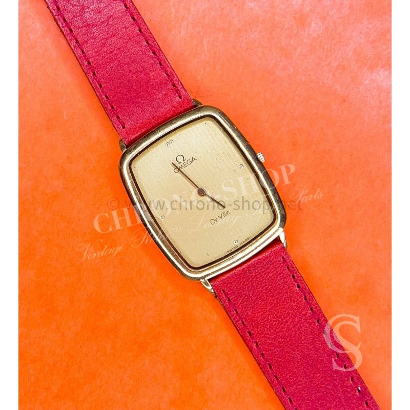 Montre Vintage Omega DeVille quartz 25mm plaqué or Bracelet cuir rouge à restaurer