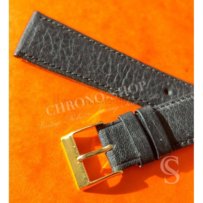 Vintage 19/16mm Watch Strap Handcrafted Leather Wristwatch black color Tin tang buckle yellow gold plated
