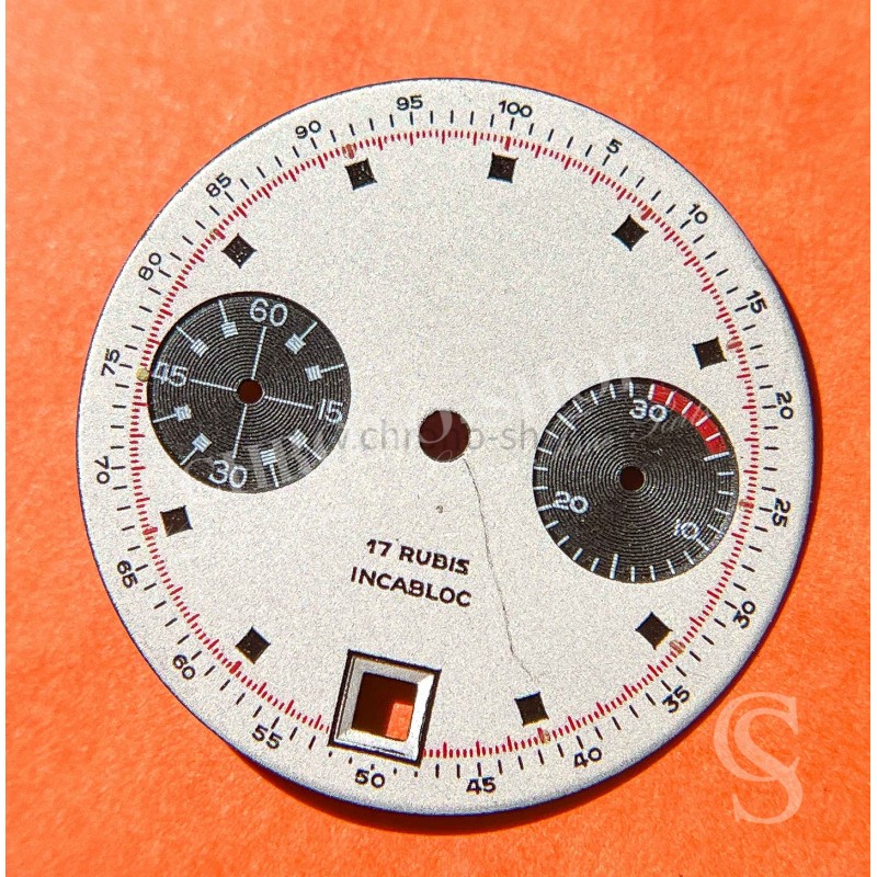 Vintage clock spare 60's Watch dial 29mm chronograph Date 17 rubis incabloc black & white calibre Valjoux 7734