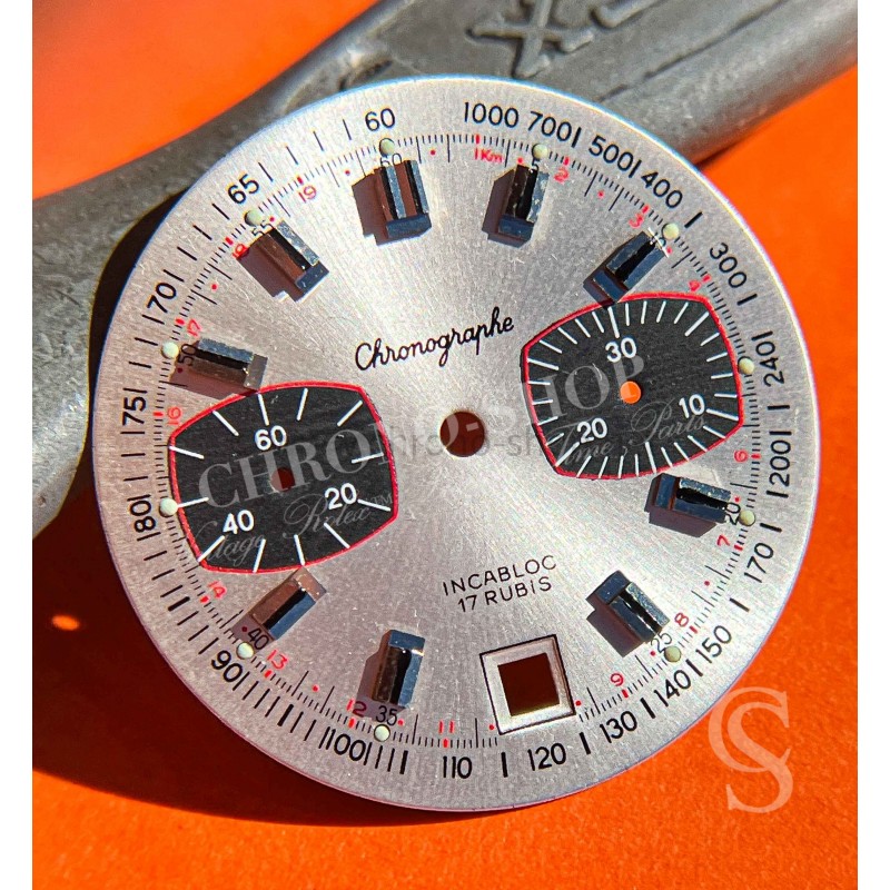 Vintage clock spare 60's Watch dial part 31mm chronograph Date 17 rubis incabloc black & silver panda calibre Valjoux 7734