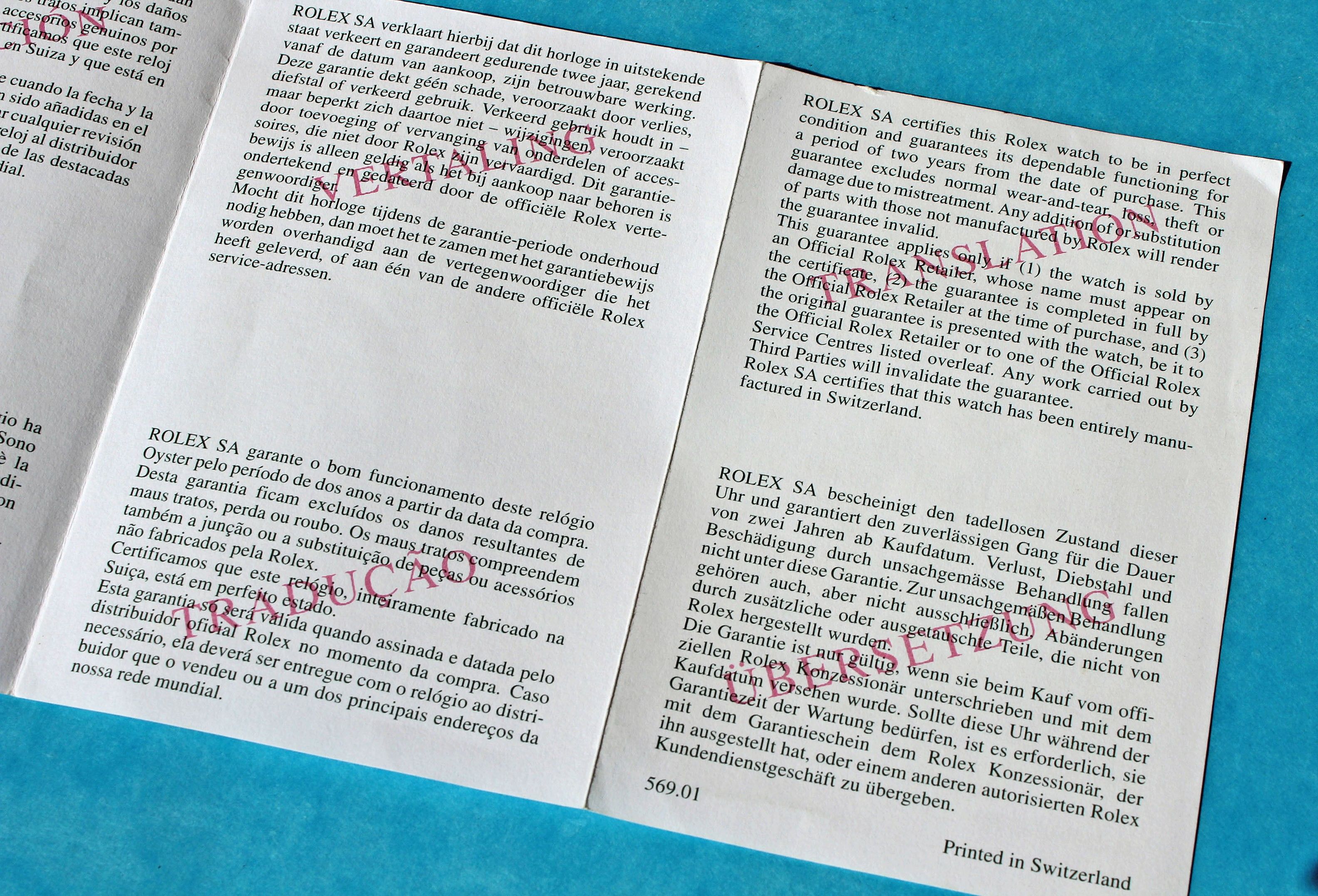 Original Rolex white vintage translation supplement paper 70's ref 569.01 Printed Switzerland