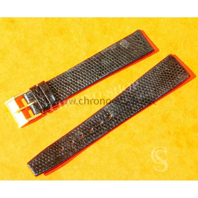 VINTAGE BRACELET SWISS MADE MONTRES AUTHENTIQUE CUIR LEZARD COULEUR NOIR BRILLANT 16mm