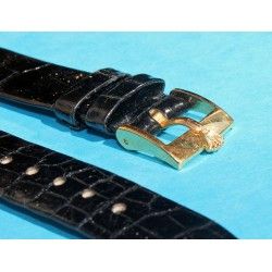 BRACELET MONTRE CUIR CROCODILE NOIR SIGNE ROLEX 17mm AVEC BOUCLE ARDILLON PLAQUE OR