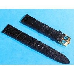 BRACELET MONTRE CUIR CROCODILE NOIR SIGNE ROLEX 17mm AVEC BOUCLE ARDILLON PLAQUE OR