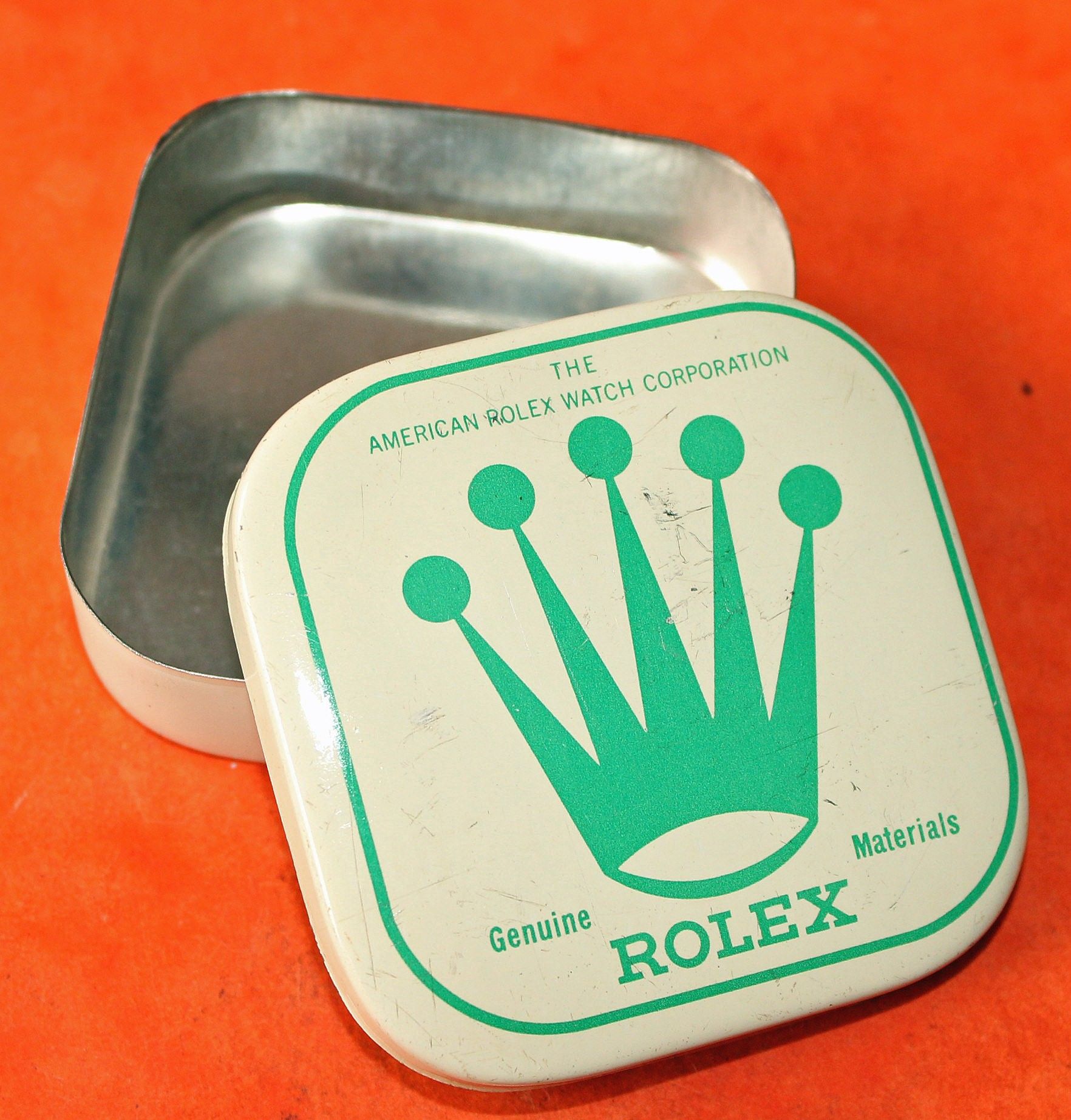 Vintage 50 s Rolex Big logo Watch Part White green Tin Box Display Metallic Container Rolex Watch USA Inc