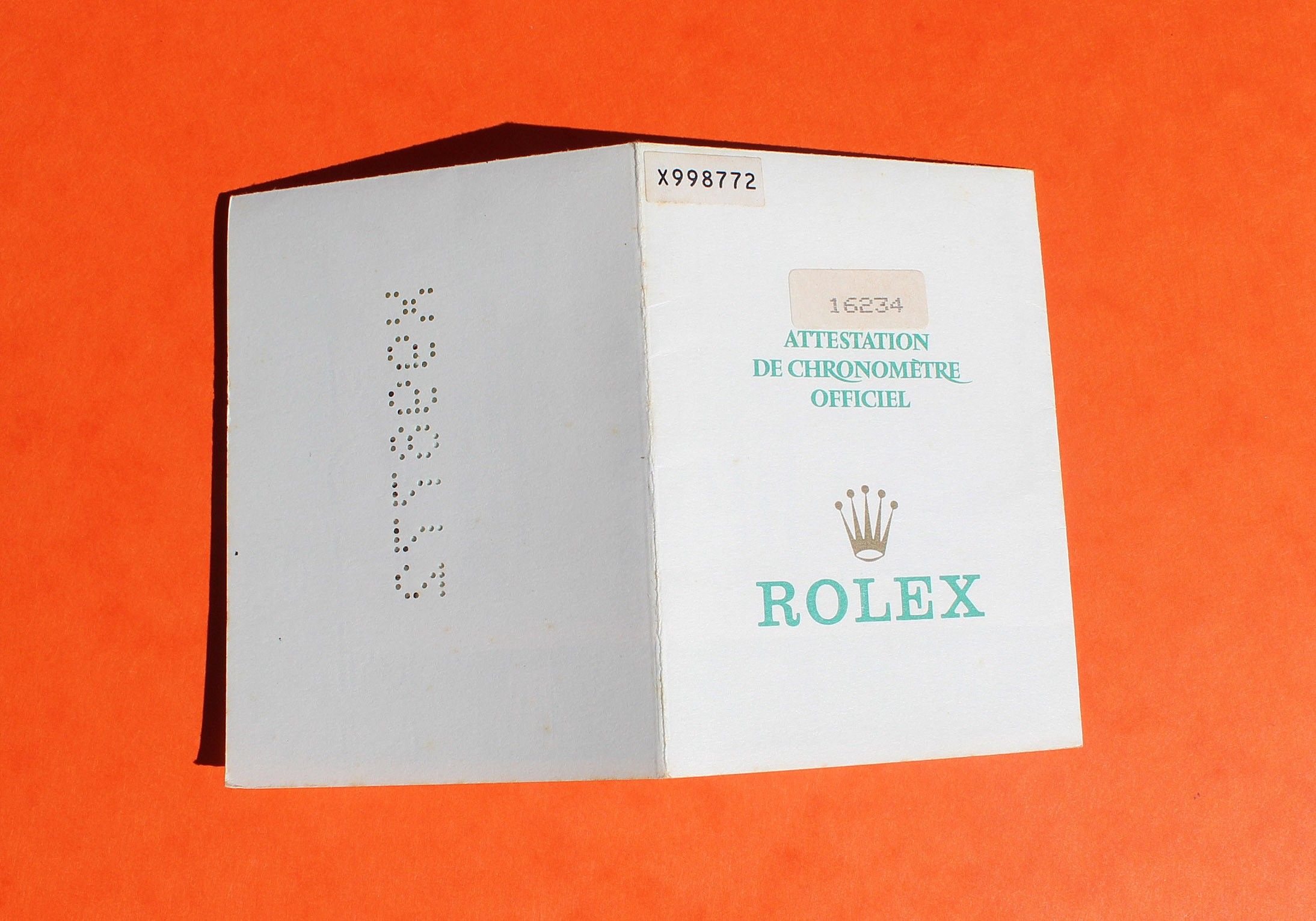 ROLEX 1992 VINTAGE PUNCHED PAPER CERTIFICAT WARRANTY 430 ROLEX OYSTER PERPETUAL DATEJUST 16234 