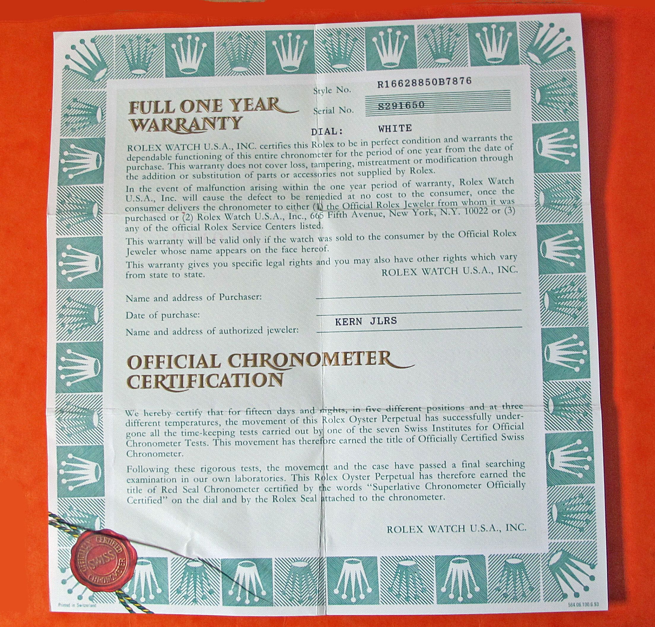 100% Authentic ROLEX OEM Vintage Guarantee Papers Certificate Gmt