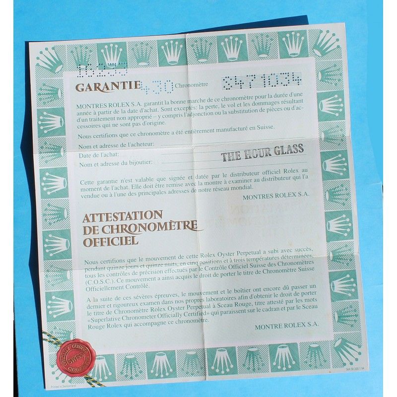 ROLEX 1994 VINTAGE PUNCHED PAPER CERTIFICAT WARRANTY 430 ROLEX DATEJUST 16233, Ref 564.00.100.6.94