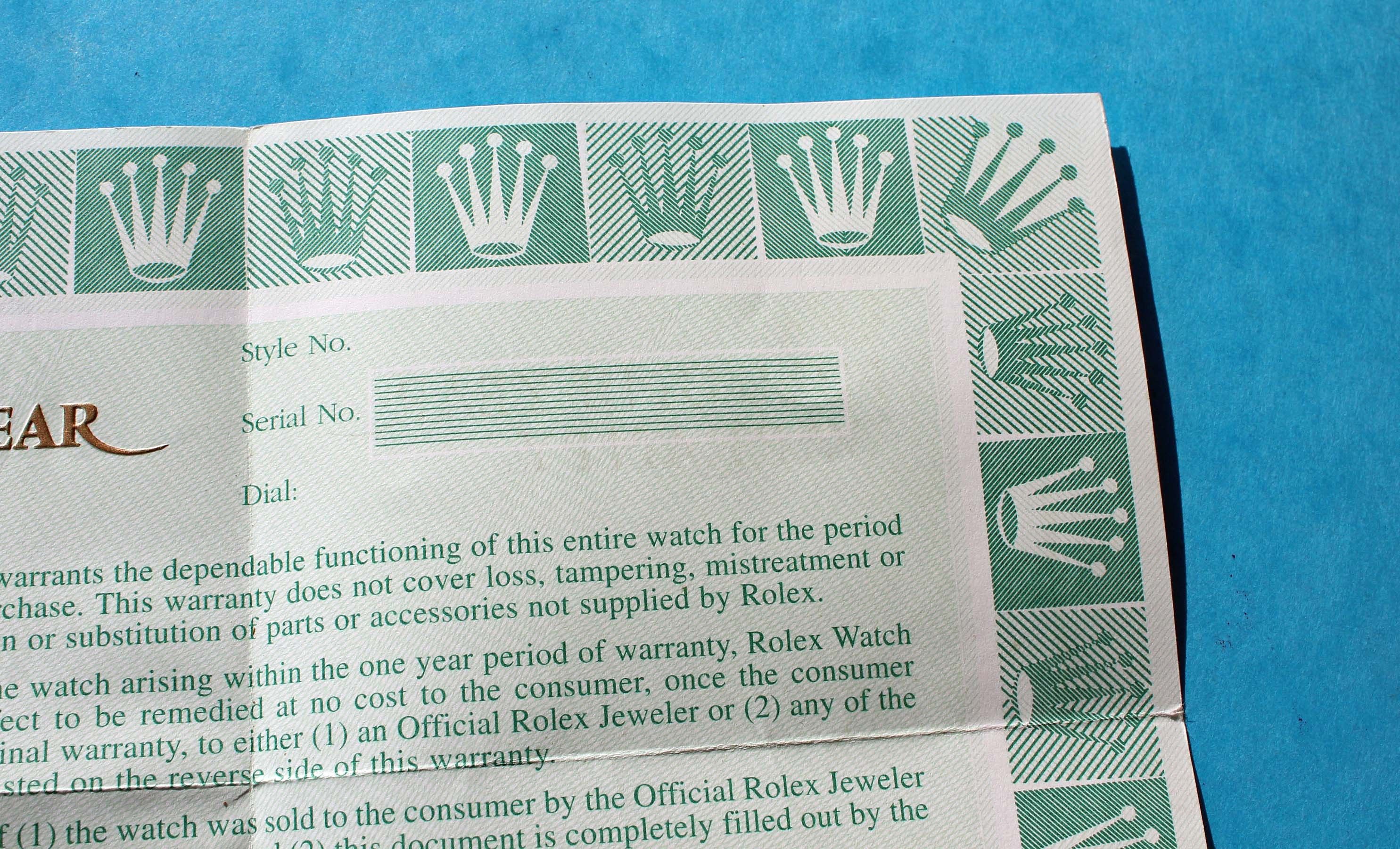 blank rolex warranty card