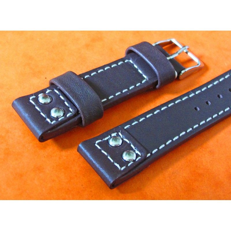 Genuine Leather "Flieger" Riveted Brown Buffalo Leather Vintage Aviator Watch Strap 20mm OMEGA, IWC, Breitling