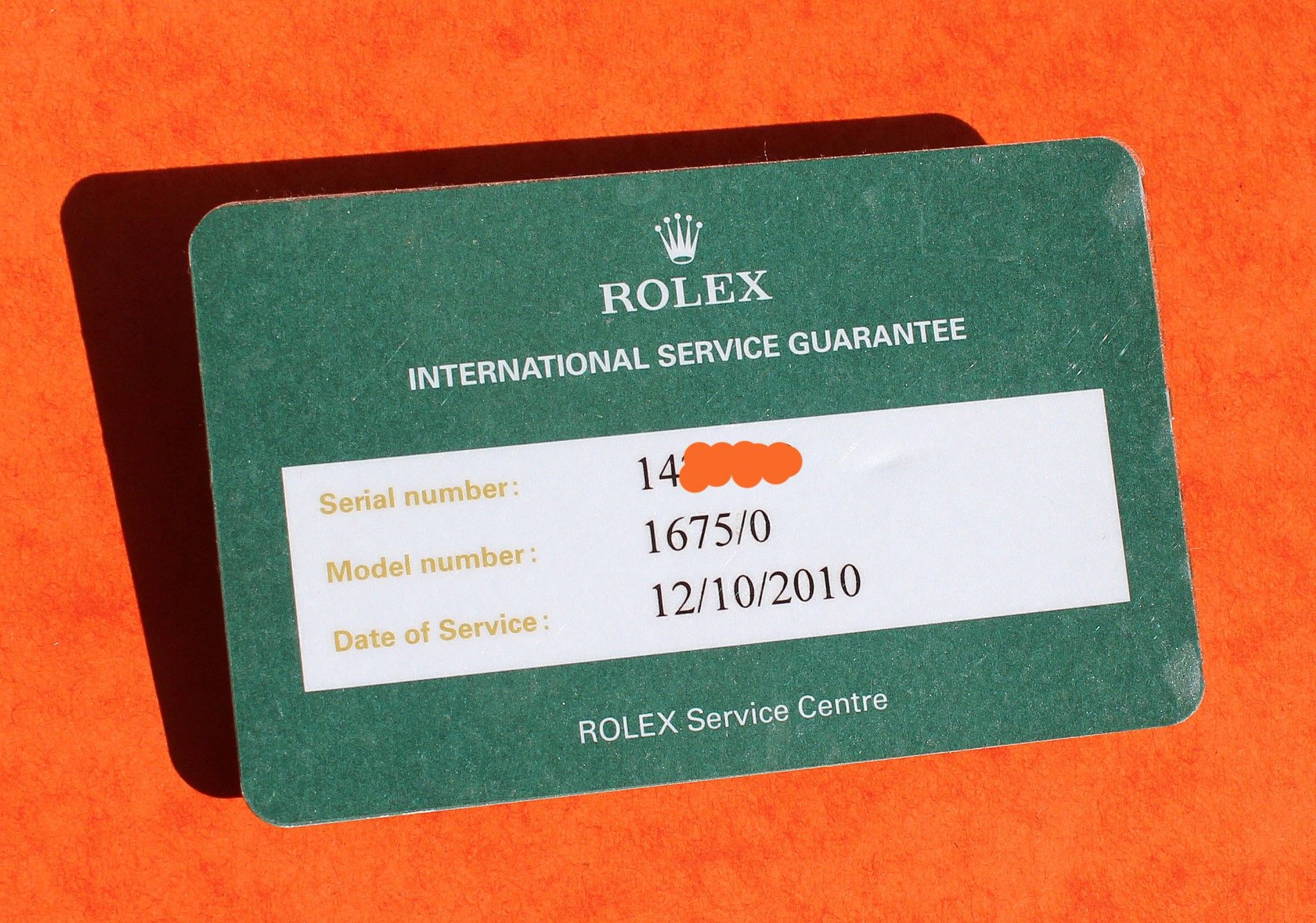 ROLEX 2010 Certificate International 