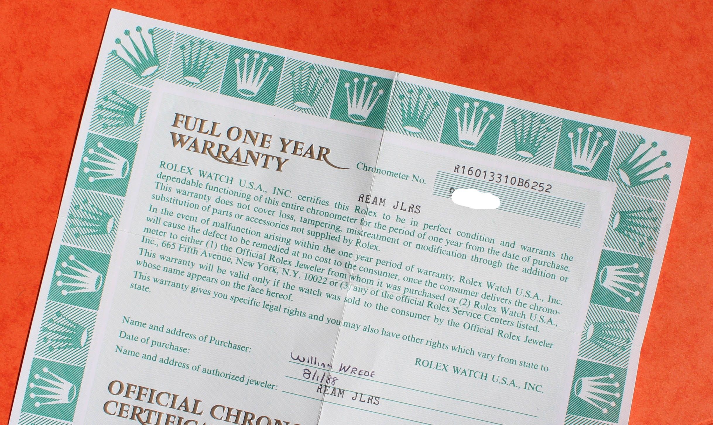 ROLEX 19871988 VINTAGE PAPER CERTIFICAT WARRANTY OYSTER DATEJUST 16013