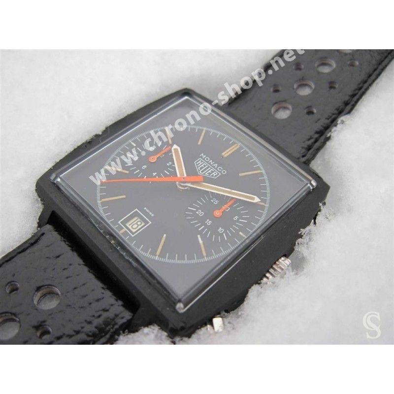 Bracelet De Montre Vintage En Cuir De Veau Noir - Largeur 20 Mm - Avec Pompe Et Anse Barette Fixe - Occasion
