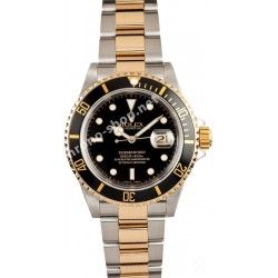 Rolex preowned Original Mens 18K/SS Submariner date glossy black Luminova Dial 16618, 16613, 16808, 16083 tutone & Gold